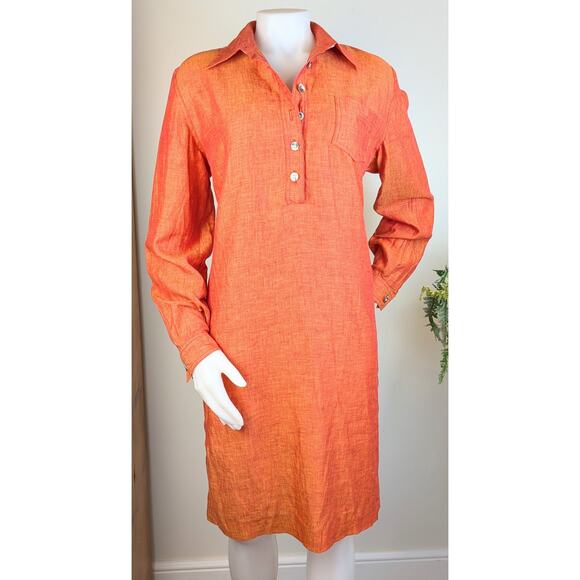 VTG Chetta B Shirt Shift Dress Linen 8 Coral Orange Shimmer Long Sleeve Coastal - Picture 3 of 13
